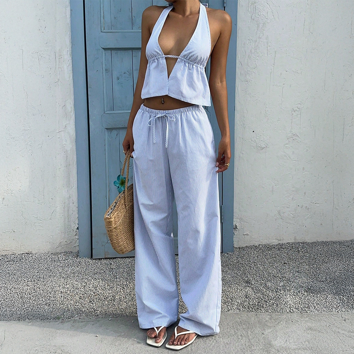 Damen Lässiges Strandoutfit mit Crop-Top und weitem Hose R&B