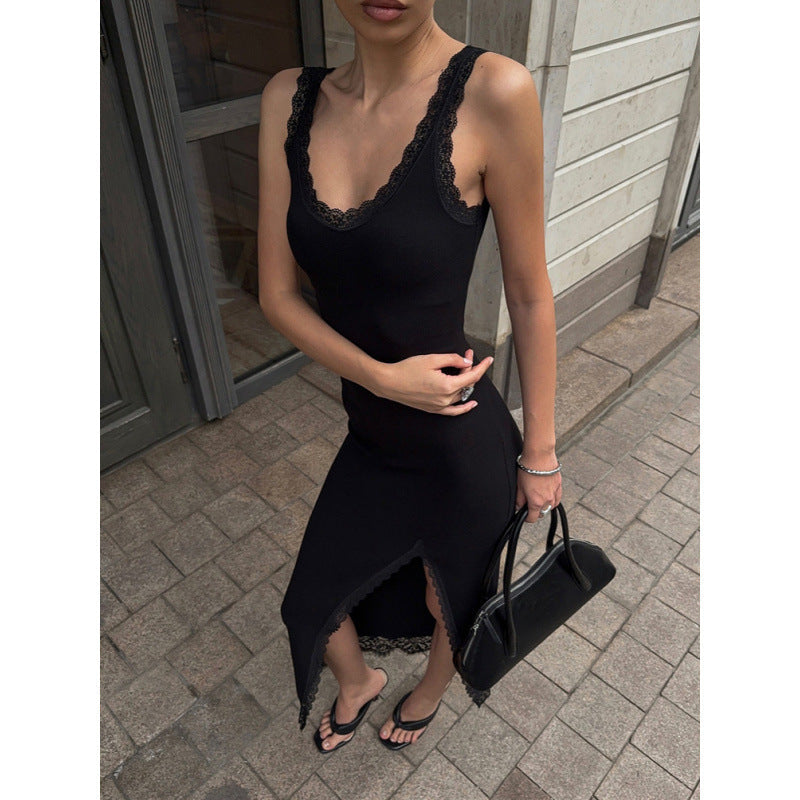 Damen Maxikleid mit Spitzenabschluss und hohem Schlitz R&B