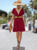 Damen Freizeitkleid mit V-Ausschnitt und Spitzenakzenten R&B