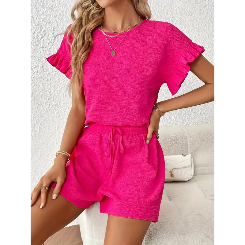 Damen lässiger Shortsanzug mit Rüschendetails und elastischem Taillenzug R&B