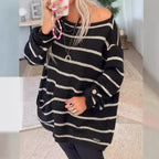 Damen Oversized Strickpullover mit eleganten Streifen und praktischen Taschen R&B