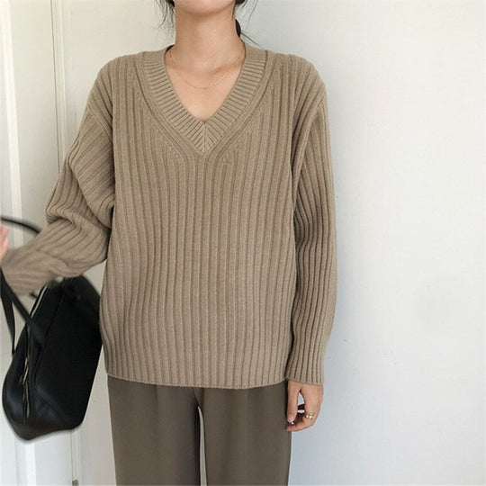 Damen Viskose-Strickpullover mit V-Ausschnitt und geripptem Design R&B
