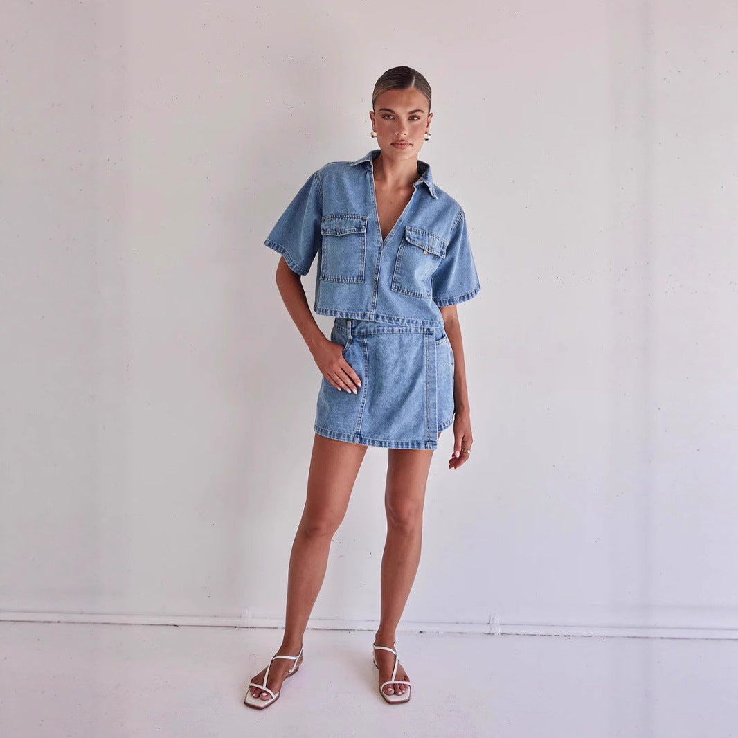 Damen Denim-Crop-Hemd mit aufgesetzten Taschen und passendem Rock R&B