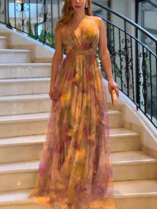 Damen Elegantes Maxikleid mit tiefem V-Ausschnitt und luftigen Stoffschichten R&B