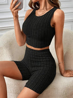 Damen Sportliches Crop-Top und Radlerhosen Set R&B