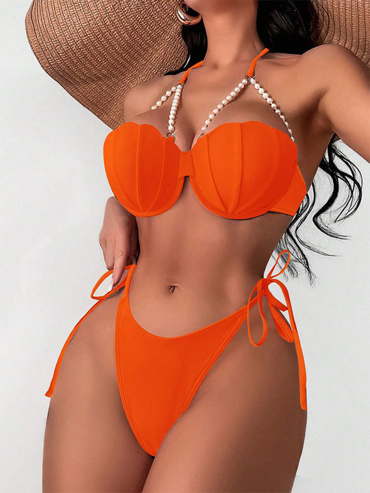 Damen Eleganter Push-Up-Bikini mit Perlenakzenten R&B