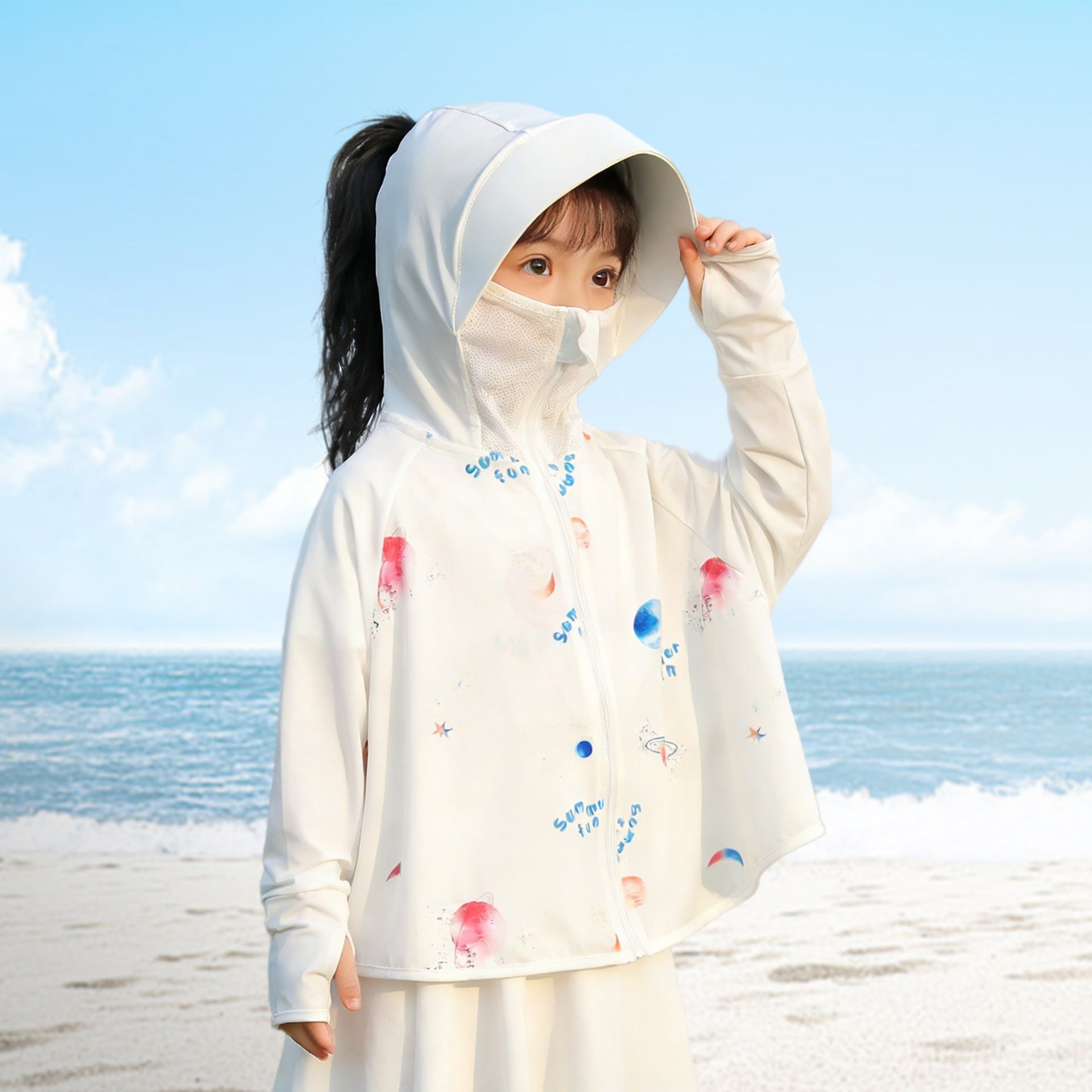 Damen nan leichte UV-Schutz Kapuzenjacke mit integrierter Gesichtsmaske und Daumenloch  R&B