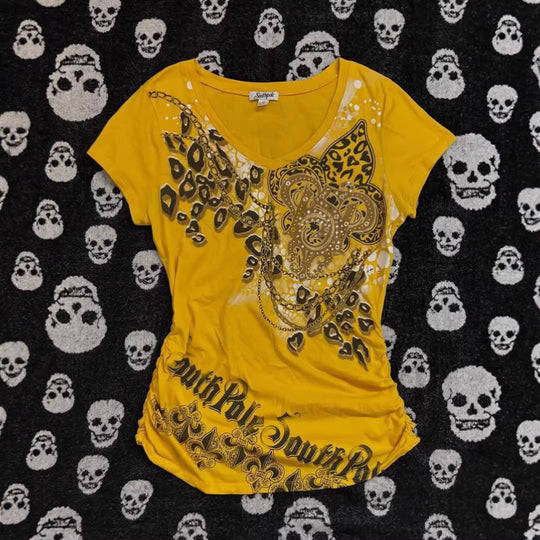 Damen T-Shirt mit dekorativem Grafikdruck und Raffung R&B