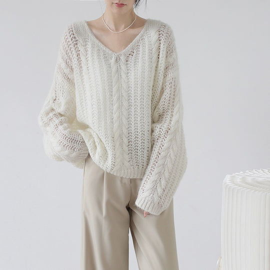 Damen Grobstrickpullover mit V-Ausschnitt und luftiger Struktur R&B