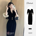 Damen elegantes Kleid mit Spitzenärmeln und dekorativen Knöpfen
