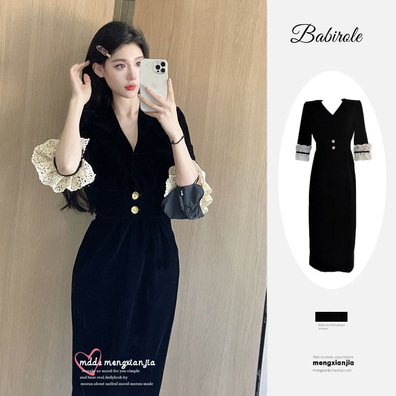 Damen elegantes Kleid mit Spitzenärmeln und dekorativen Knöpfen