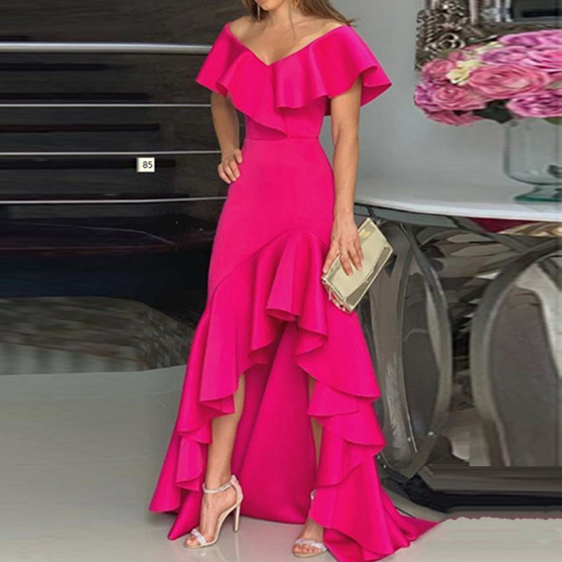 Damen Maxikleid mit voluminösen Rüschen und schulterfreiem Design R&B