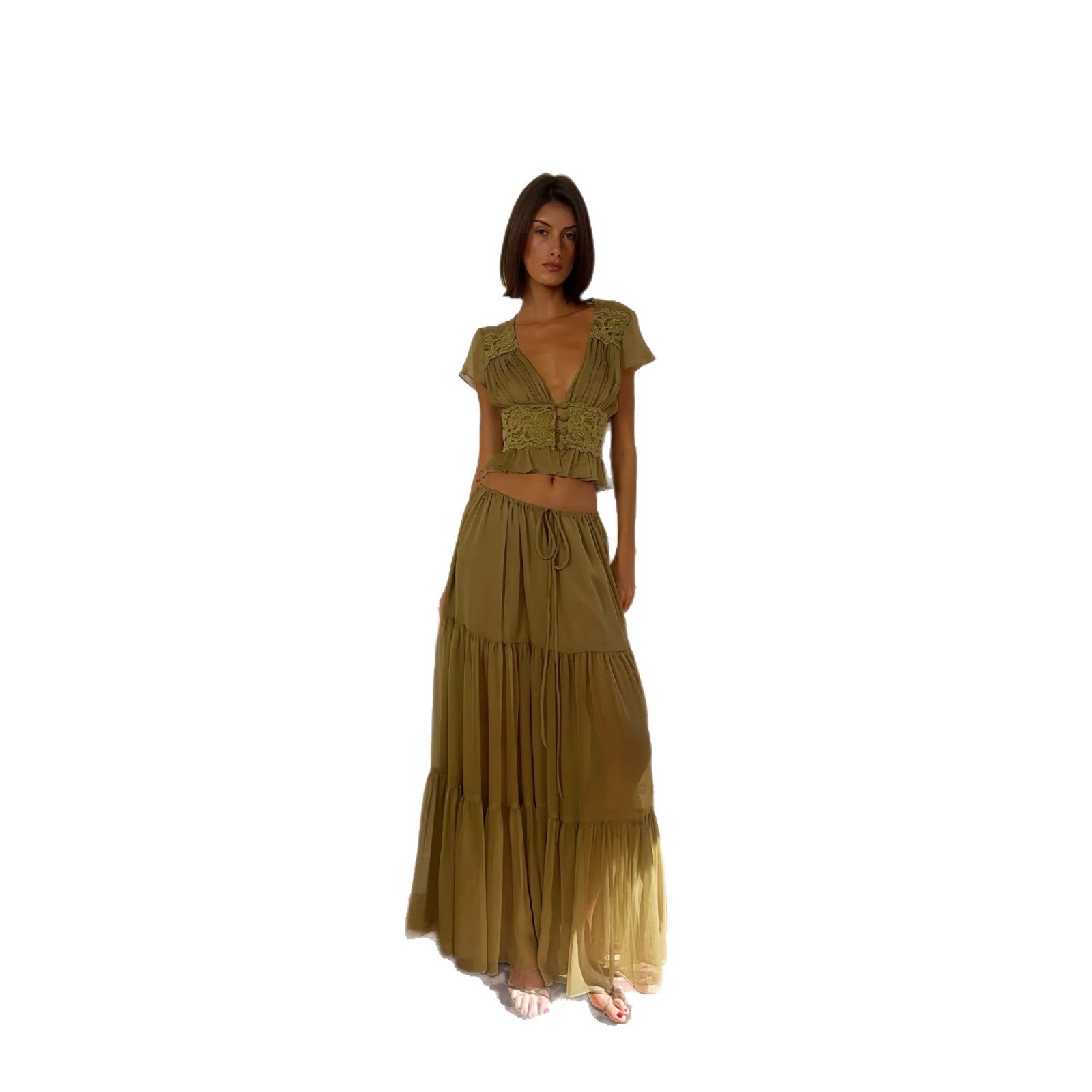 Damen Luftiges Maxikleid mit eleganten Rüschen und transparenter Optik R&B
