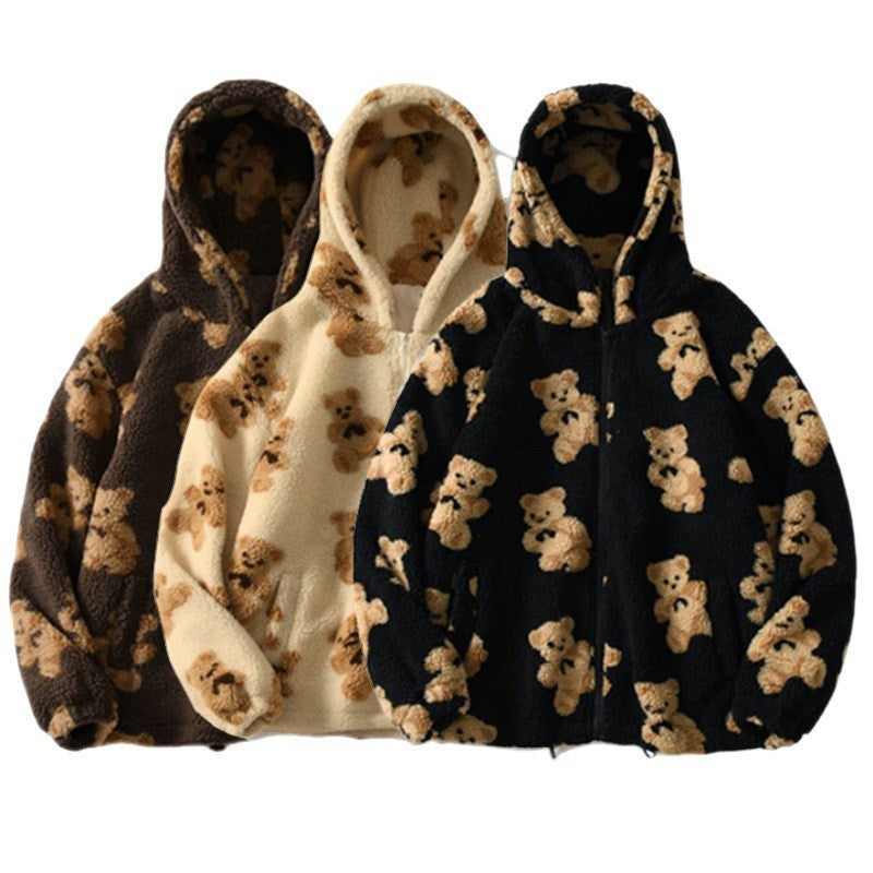 Damen gemütliche Fleecejacke mit Kapuze und süßem Bärenmuster R&B