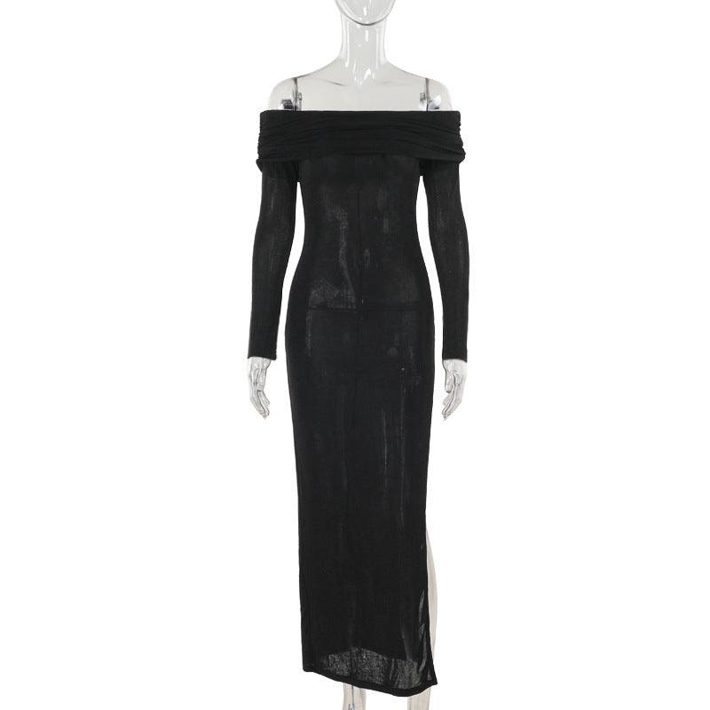Damen schulterfreies Maxikleid mit eleganter Drapierung und transparentem Oberteil R&B