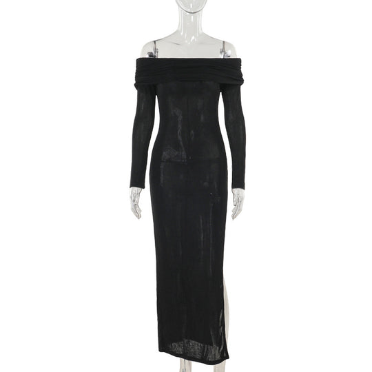 Damen schulterfreies Maxikleid mit eleganter Drapierung und transparentem Oberteil R&B