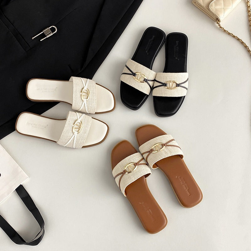 Damen modische Riemensandalen mit dekorativem Goldakzent und komfortablem Fußbett R&B
