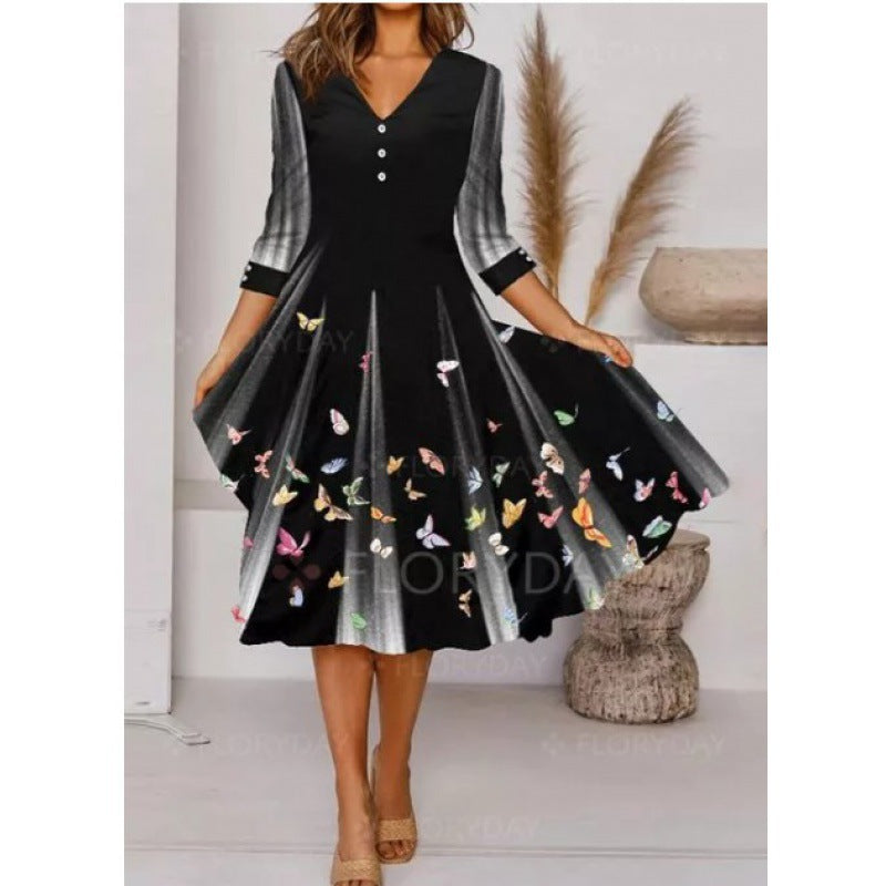 Damen V-Ausschnitt Midi-Kleid mit fließendem Rock und floralem Ärmeldesign R&B