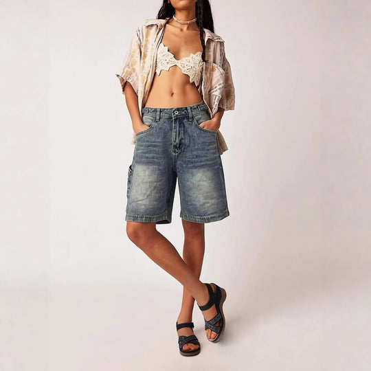 Damen lässige Denim-Shorts mit hohem Bund und weitem Schnitt R&B