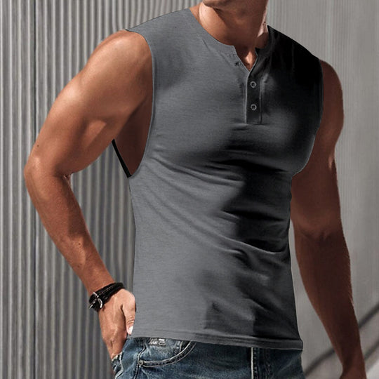 Herren nan ärmelloses Muskelshirt mit Henley-Knopfleiste, tiefem Armausschnitt und elastischem Baumwollmix R&B