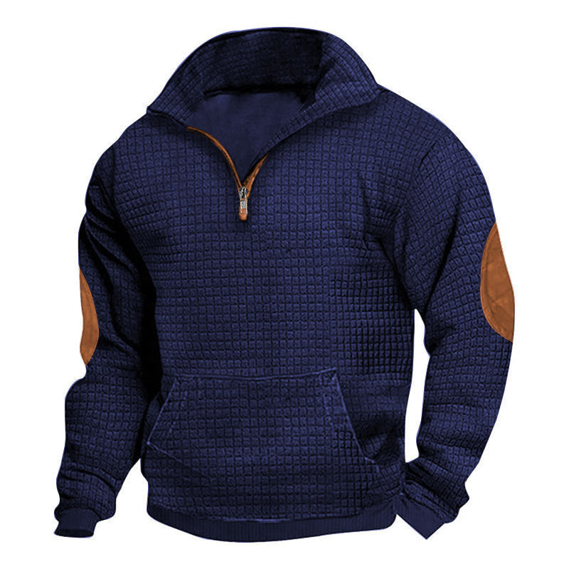 Herren nan thermoregulierender Waffelstrick-Halbzippullover mit Kängurutasche und Lederimitat-Ellbogenpatches R&B