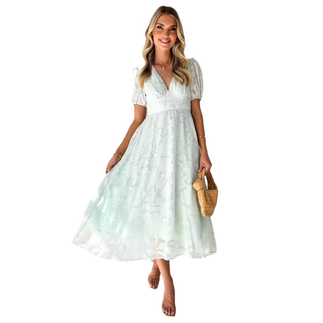 Damen Midi-Kleid mit grafischem Auschnitt und Puffärmeln R&B