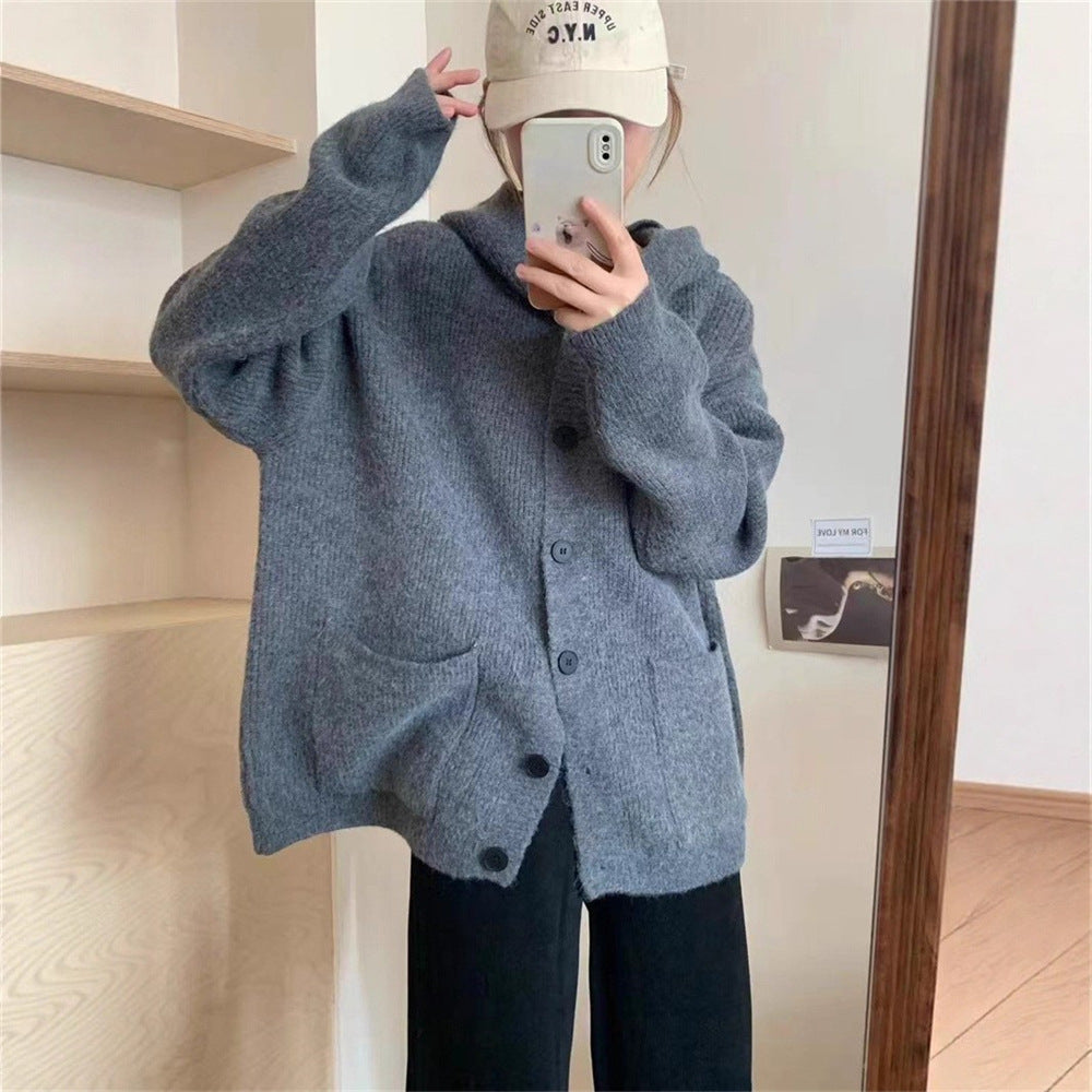 Damen kuschelige Strickjacke mit Kapuze und großen Taschen