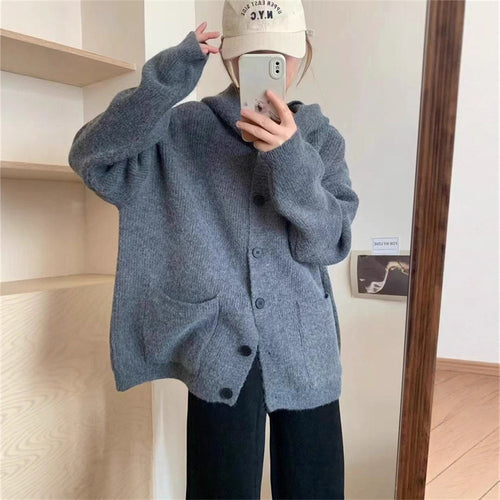 Damen kuschelige Strickjacke mit Kapuze und großen Taschen R&B