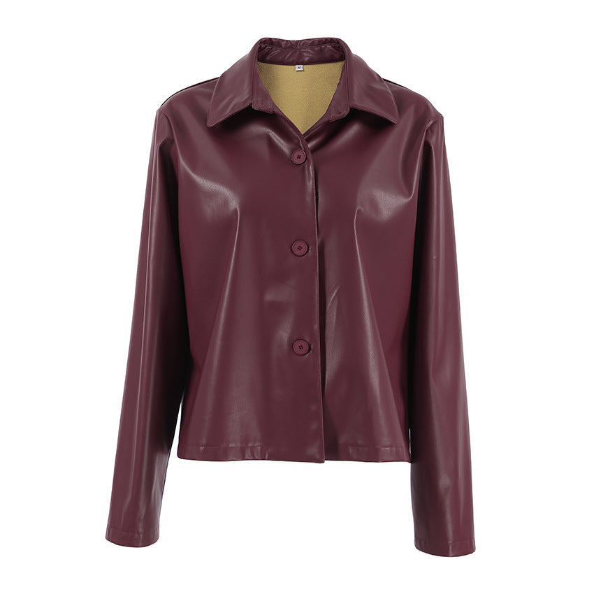 Damen Modische Kunstlederjacke mit klassischen Knopfdetails R&B