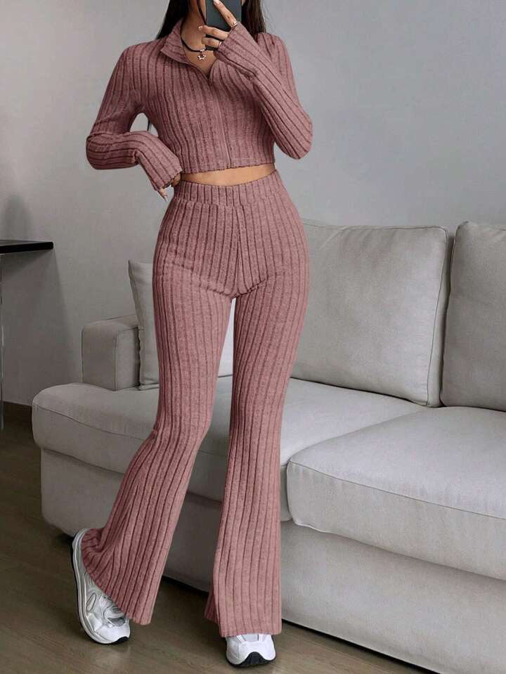 Damen Crop-Pullover und Flared Pants Set R&B