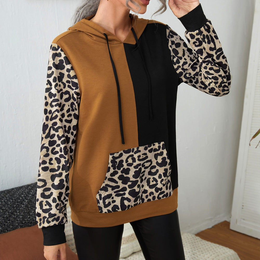 Damen Kapuzenpullover mit auffälligem Leopardenmuster und Farbblockdesign R&B