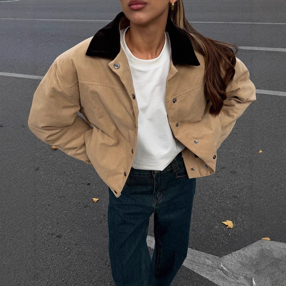 Damen modische Oversized-Jacke mit Samtkragen und Druckknopfverschluss R&B