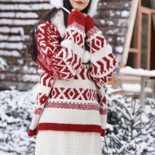 Damen gemütlicher Norwegerpullover mit dekorativem Muster und voluminösen Ärmeln R&B