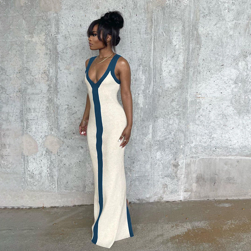 Damen elegantes Maxikleid mit tiefem V-Ausschnitt und kontrastierendem Streifen R&B