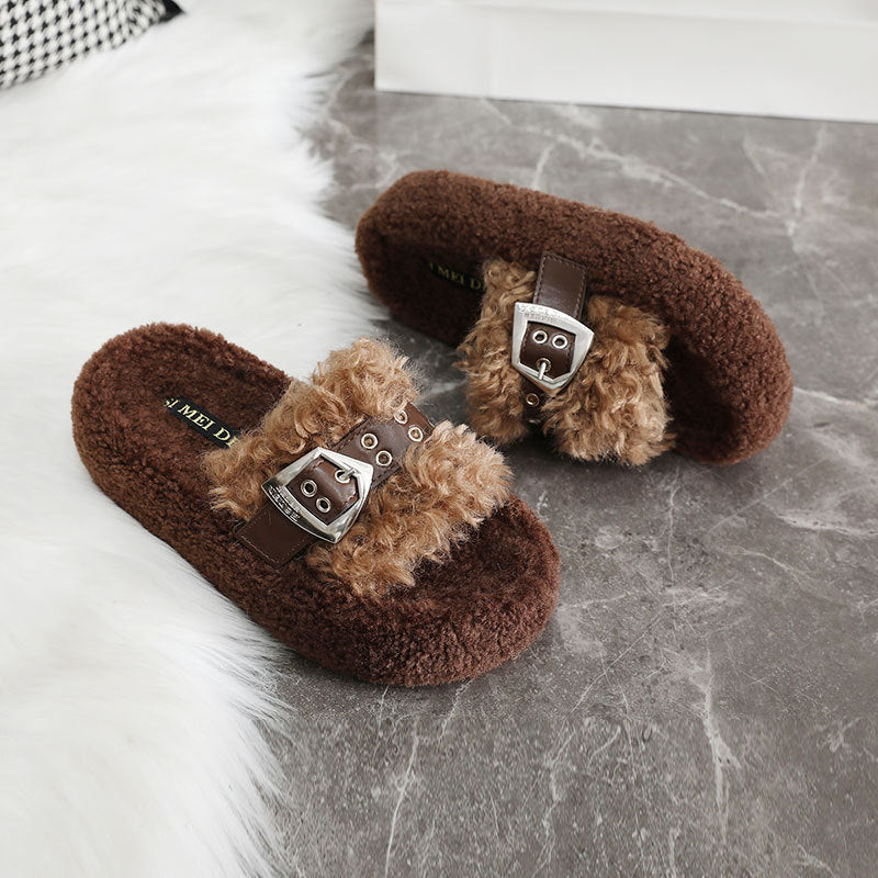 Damen Flauschige Hausschuhe mit modischer Schnalle und kuscheligem Innenfutter R&B