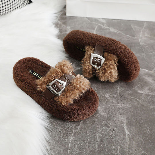 Damen Flauschige Hausschuhe mit modischer Schnalle und kuscheligem Innenfutter R&B