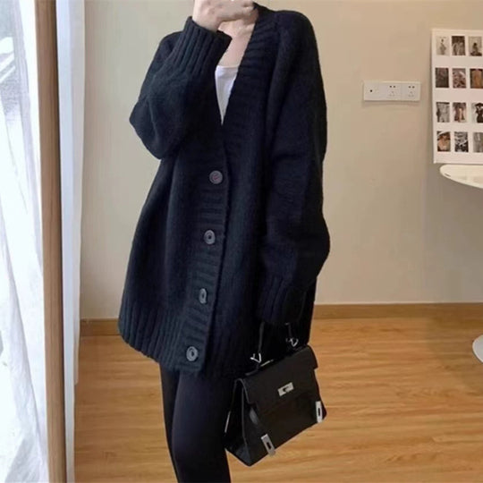 Damen Grobstrickjacke mit voluminösen Ärmeln und knöpfbarem Ausschnitt R&B