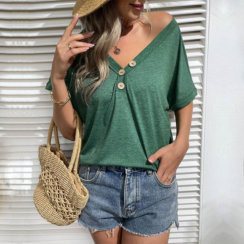 Damen Oversized T-Shirt mit Knopfleiste und modernem V-Ausschnitt R&B
