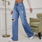 Damen Weite High-Waist Jeans mit modischen Rissdetails R&B