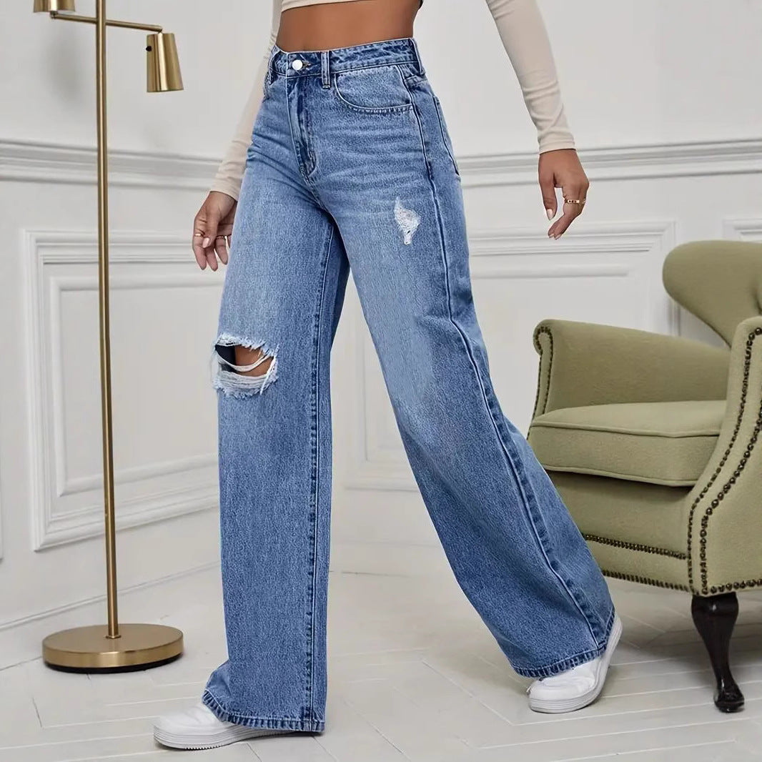 Damen Weite High-Waist Jeans mit modischen Rissdetails R&B