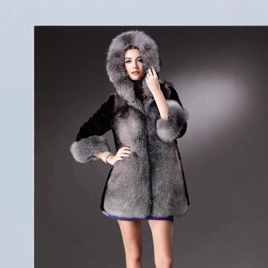 Damen Luxus Kunstpelzjacke mit Kapuze und dekorativen Details R&B