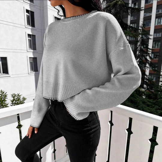 Damen lässiger Crop-Pullover mit strukturierten Säumen und Rundhalsausschnitt R&B