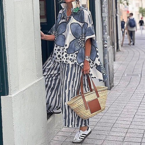 Damen Übergroßes Tunika-Set mit floralem Muster und gestreiften Hosen R&B