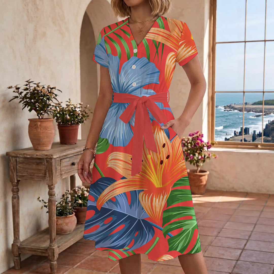 Damen Midi Kleid mit floralen Akzenten und tailliertem Schnitt R&B