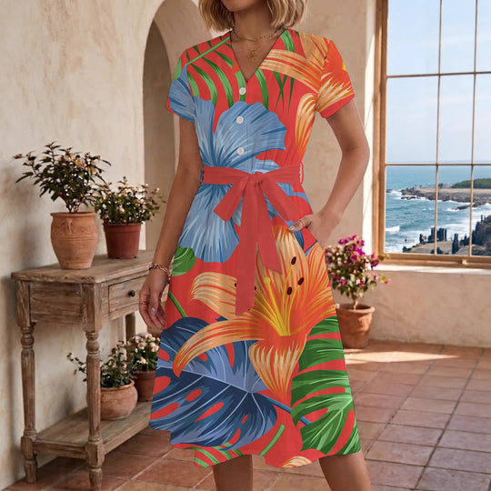 Damen Midi Kleid mit floralen Akzenten und tailliertem Schnitt R&B