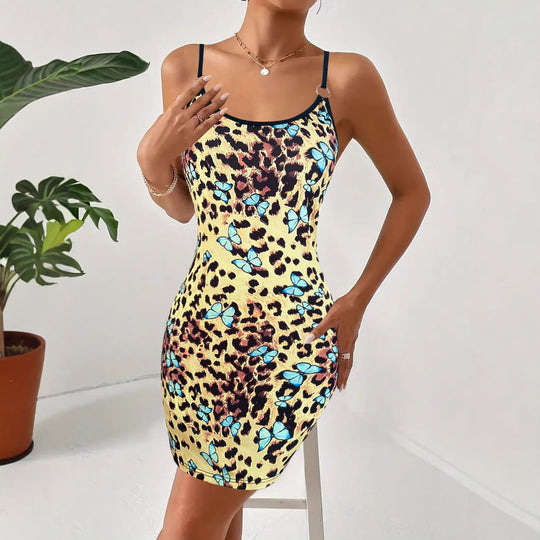 Damen figurbetontes Minikleid mit buntem Tier- und Blumenmuster R&B