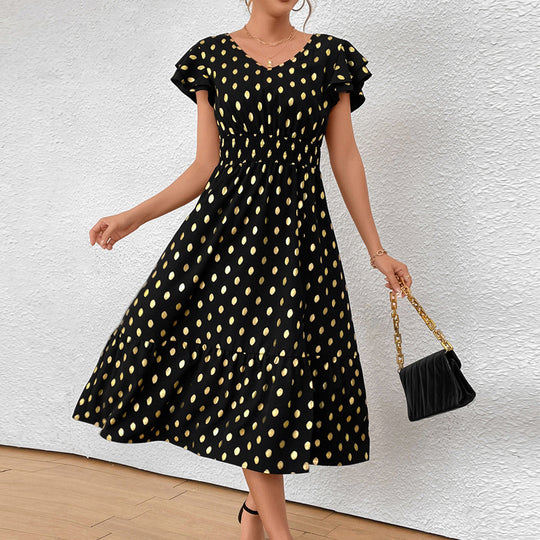 Damen Maxikleid mit Rüschendetails und schimmerndem Punktmuster R&B
