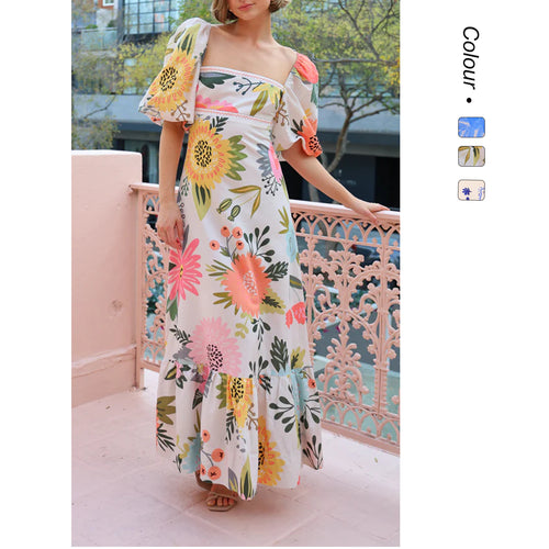 Damen Maxikleid mit eleganten Puffärmeln und floralen Akzenten R&B