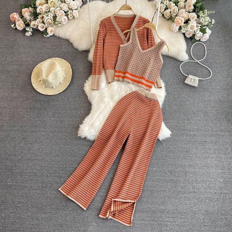 Damen Stylisches Strick-Loungewear-Set mit Tiefem V-Ausschnitt und Weit Geschnittenen Hosen R&B