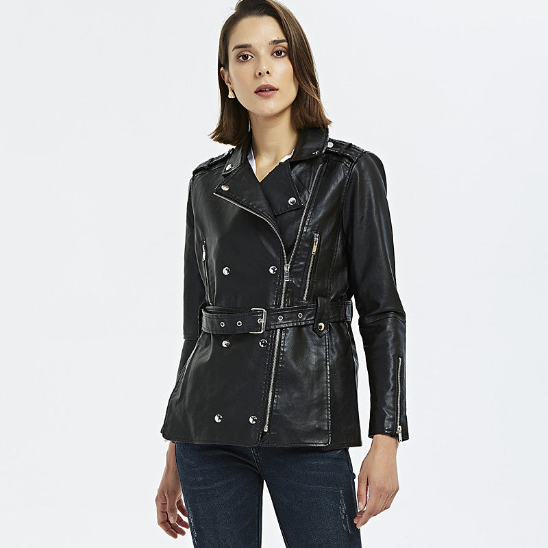 Damen zeitlose Bikerjacke aus Kunstleder mit Gürtel und Reißverschlussdetails R&B